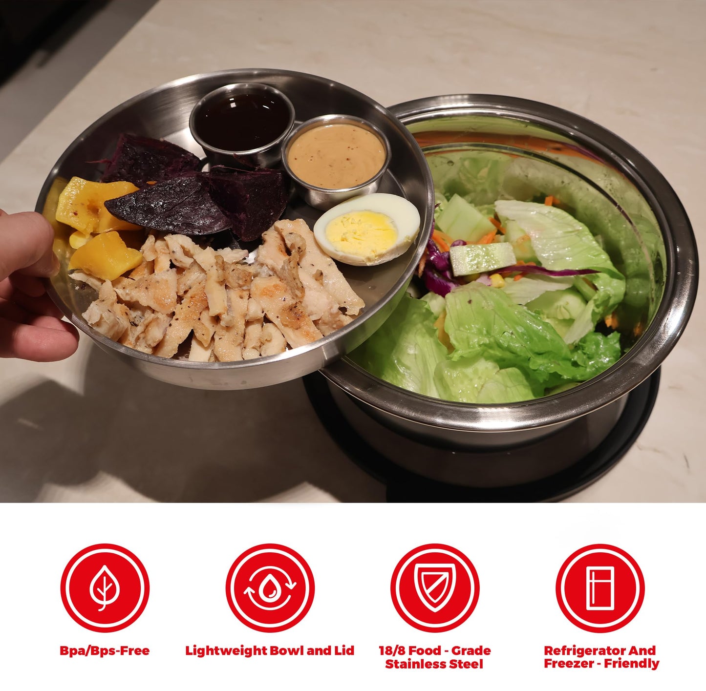 Salad Bowl Kit 74oz,Salad Container For Lunch,18/8 Stainless Steel,Salad Bowl With Lid, Includes 1.7oz Condiment Container and Removable Tray,Leak-Proof, Easy to Clean (Wood)