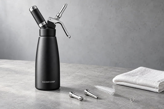 Kaiser Chef cream whipper with decorating tips, a cleaning brush and a white cloth