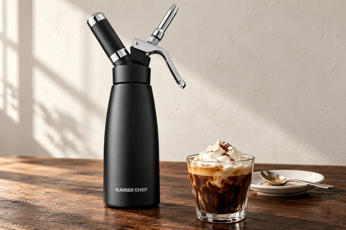 Black Kaiser Chef cream whipper beside coffee topped with whipped cream