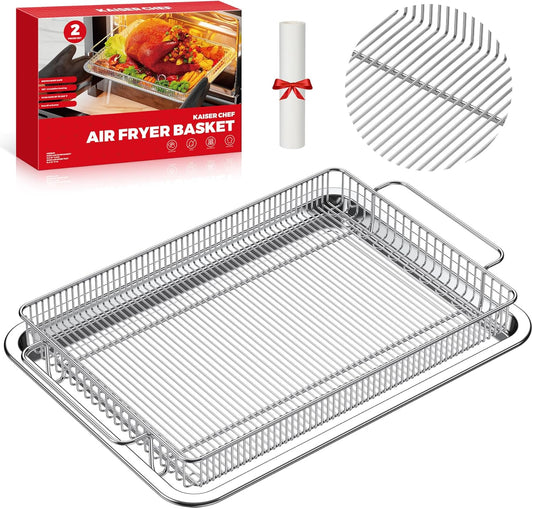 Air Fryer Basket for Oven, Stainless Steel Mesh Crisper Tray and Basket Set, Non-Stick Oven Air Fryer Basket for Healthy Oil-Free Cooking, Dishwasher Safe, Fits Most Toaster Ovens & Ranges (1 Set M)