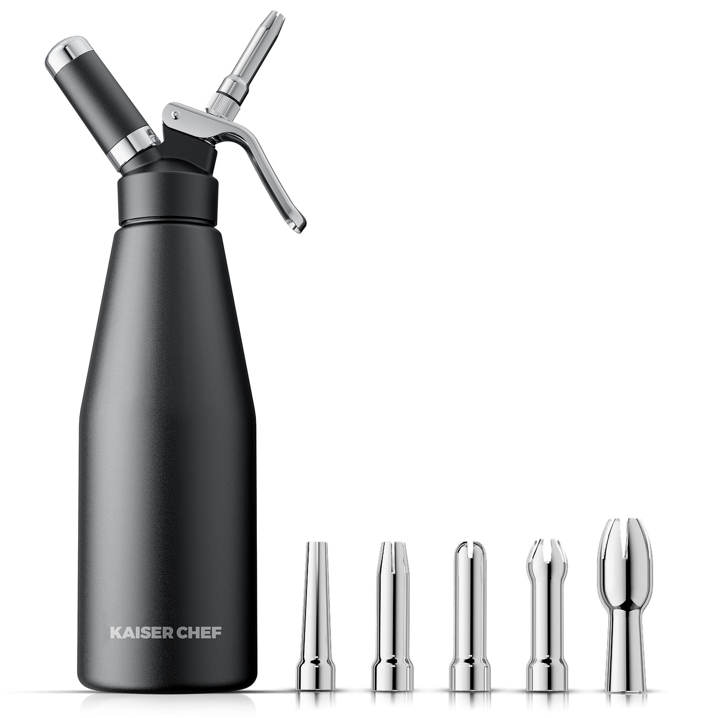 Professional Aluminum Whipped Cream Dispenser - 1000 mL/2 Pint,Whipped Cream Maker Canister with 5 Decorating Nozzles & Cleaning Brush - for Desserts, Coffee Foam & Cold Foam (Black, 1000ml)