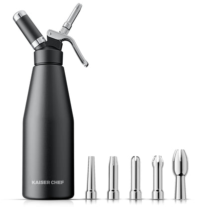 Professional Aluminum Whipped Cream Dispenser - 1000 mL/2 Pint,Whipped Cream Maker Canister with 5 Decorating Nozzles & Cleaning Brush - for Desserts, Coffee Foam & Cold Foam (Black, 1000ml)