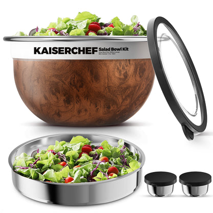 Salad Bowl Kit 74oz,Salad Container For Lunch,18/8 Stainless Steel,Salad Bowl With Lid, Includes 1.7oz Condiment Container and Removable Tray,Leak-Proof, Easy to Clean (Wood)
