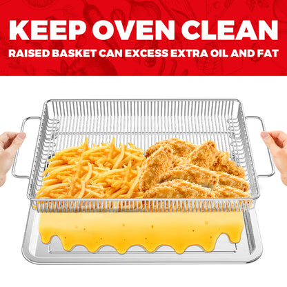 Air Fryer Basket for Oven, Stainless Steel Mesh Crisper Tray and Basket Set, Non-Stick Oven Air Fryer Basket for Healthy Oil-Free Cooking, Dishwasher Safe, Fits Most Toaster Ovens & Ranges (1 Set M)