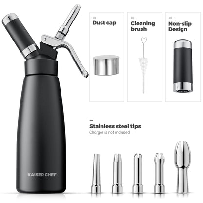 Professional Aluminum Whipped Cream Dispenser - 500 mL/1 Pint,Leak-Free Whipped Cream Maker Canister with 5 Decorating Nozzles & Cleaning Brush - for Desserts, Coffee Foam & Cold Foam (Black, 500ml)