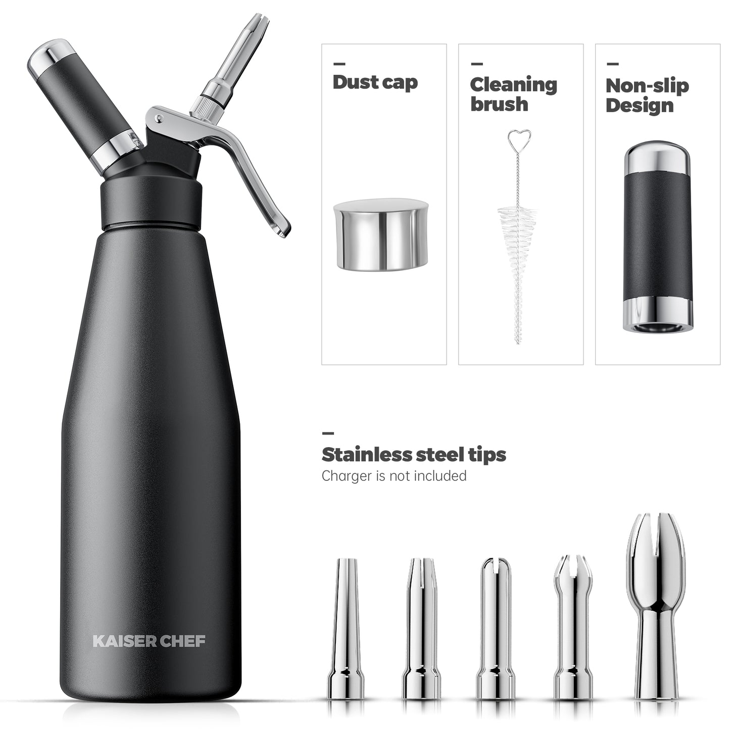 Professional Aluminum Whipped Cream Dispenser - 1000 mL/2 Pint,Whipped Cream Maker Canister with 5 Decorating Nozzles & Cleaning Brush - for Desserts, Coffee Foam & Cold Foam (Black, 1000ml)