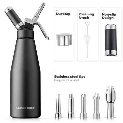 Professional Aluminum Whipped Cream Dispenser - 1000 mL/2 Pint,Whipped Cream Maker Canister with 5 Decorating Nozzles & Cleaning Brush - for Desserts, Coffee Foam & Cold Foam (Black, 1000ml)
