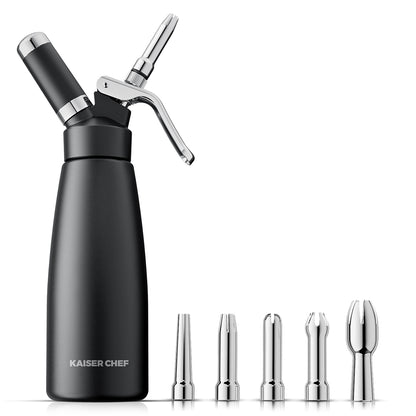 Professional Aluminum Whipped Cream Dispenser - 500 mL/1 Pint,Leak-Free Whipped Cream Maker Canister with 5 Decorating Nozzles & Cleaning Brush - for Desserts, Coffee Foam & Cold Foam (Black, 500ml)