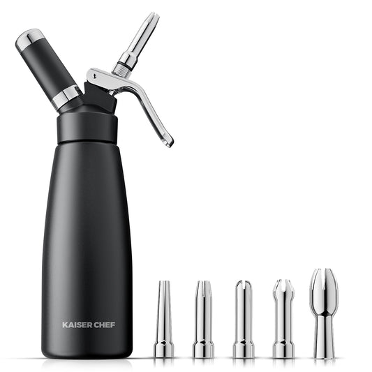 Professional Aluminum Whipped Cream Dispenser - 500 mL/1 Pint,Leak-Free Whipped Cream Maker Canister with 5 Decorating Nozzles & Cleaning Brush - for Desserts, Coffee Foam & Cold Foam (Black, 500ml)