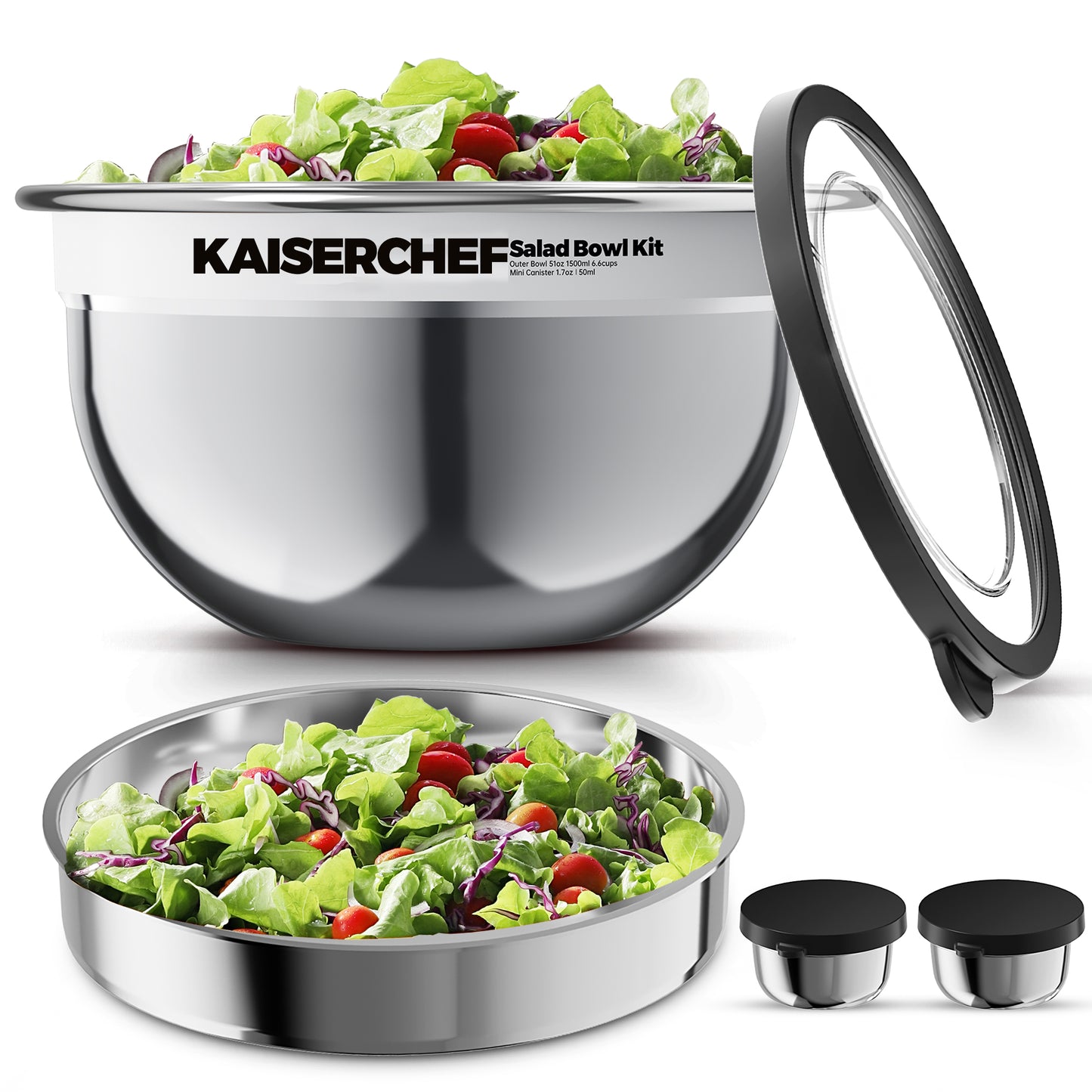 Salad Bowl Kit 74oz,Salad Container For Lunch,18/8 Stainless Steel,Salad Bowl With Lid, Includes 1.7oz Condiment Container and Removable Tray,Leak-Proof, Easy to Clean (Mirror)