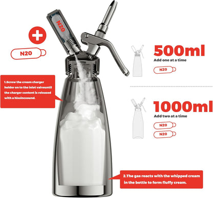Professional Aluminum Whipped Cream Dispenser - 500 mL/1 Pint,Leak-Free Whipped Cream Maker Canister with 5 Decorating Nozzles & Cleaning Brush - for Desserts, Coffee Foam & Cold Foam (Black, 500ml)