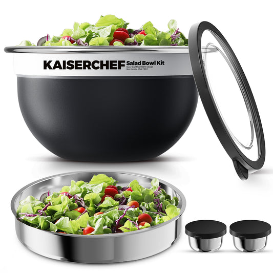 Salad Bowl Kit 74oz,Salad Container For Lunch,18/8 Stainless Steel,Salad Bowl With Lid, Includes 1.7oz Condiment Container and Removable Tray,Leak-Proof, Easy to Clean(Black)