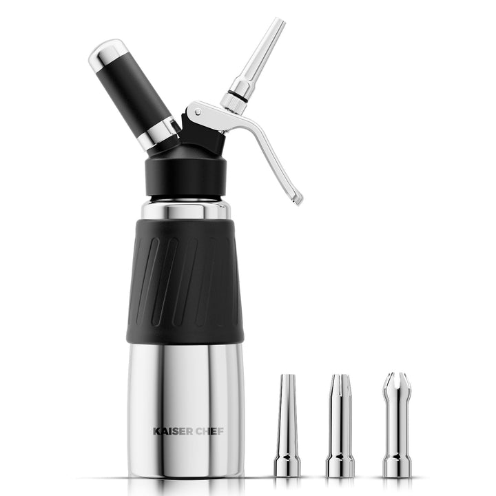 Kaiser Chef 500 mL cream whipper with stainless steel bottle, black grip and three nozzles