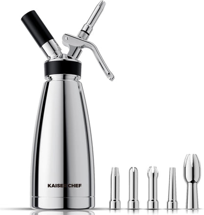 Professional Stainless Steel Whipped Cream Dispenser Double Wall Keep Warm and Cold, 500mL/1 Pint, Leak-Free Whipped Cream Maker Canister with 5 Decorating Nozzles & Cleaning Brush