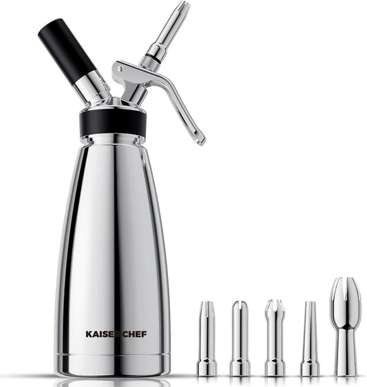 Professional Stainless Steel Whipped Cream Dispenser Double Wall Keep Warm and Cold, 500mL/1 Pint, Leak-Free Whipped Cream Maker Canister with 5 Decorating Nozzles & Cleaning Brush