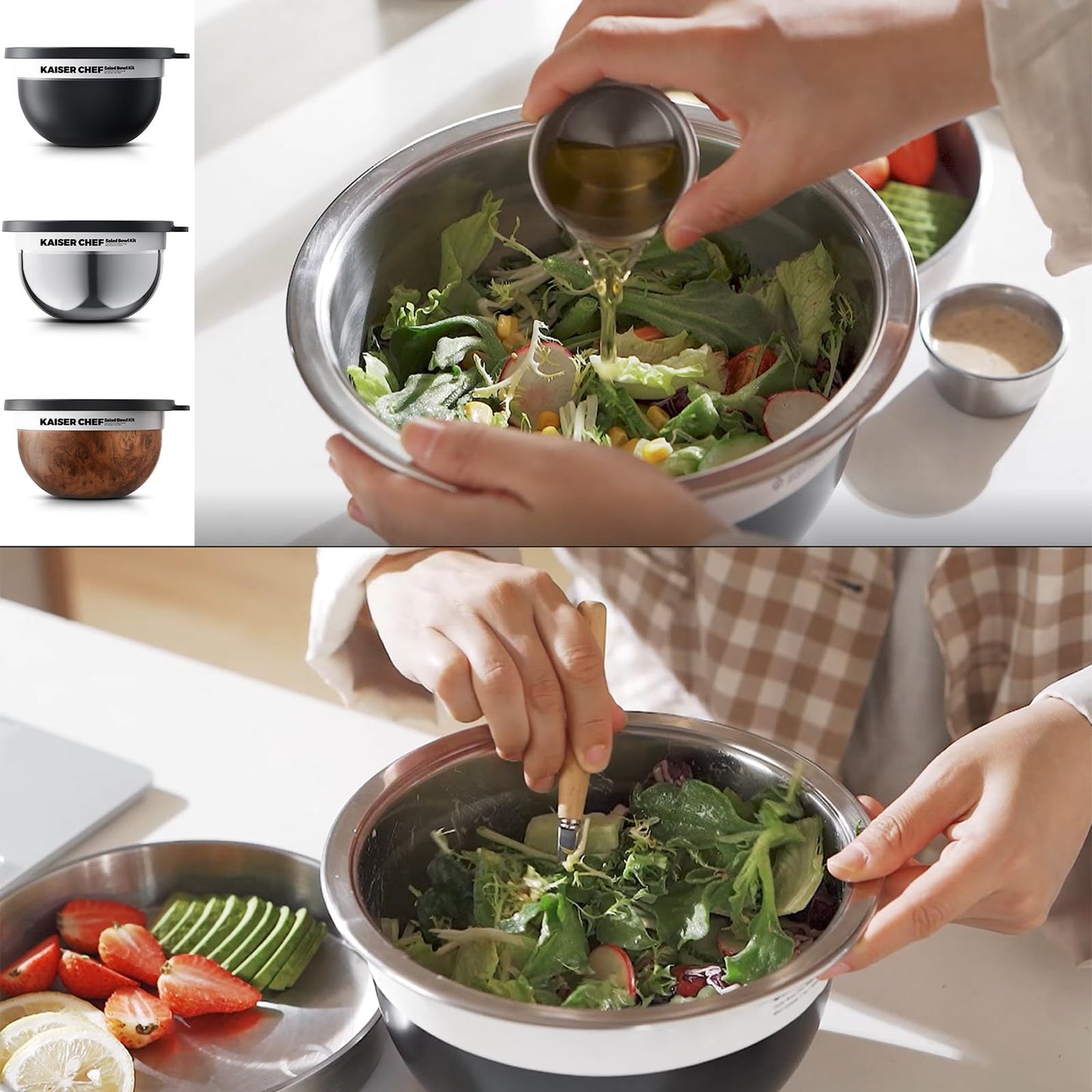 Salad Bowl Kit 74oz,Salad Container For Lunch,18/8 Stainless Steel,Salad Bowl With Lid, Includes 1.7oz Condiment Container and Removable Tray,Leak-Proof, Easy to Clean (Mirror)