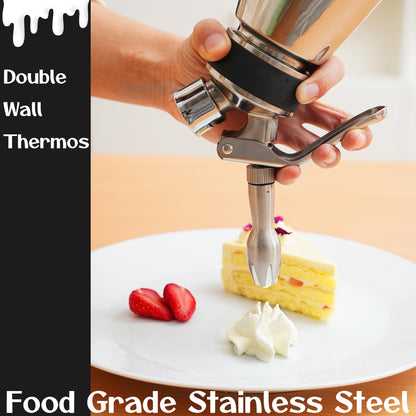 Professional Stainless Steel Whipped Cream Dispenser Double Wall Keep Warm and Cold, 500mL/1 Pint, Leak-Free Whipped Cream Maker Canister with 5 Decorating Nozzles & Cleaning Brush