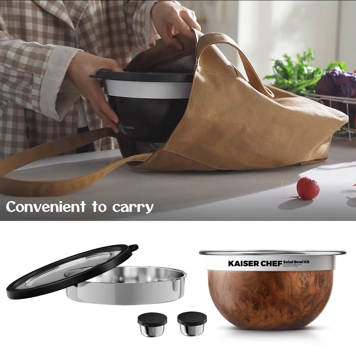 Salad Bowl Kit 74oz,Salad Container For Lunch,18/8 Stainless Steel,Salad Bowl With Lid, Includes 1.7oz Condiment Container and Removable Tray,Leak-Proof, Easy to Clean (Wood)