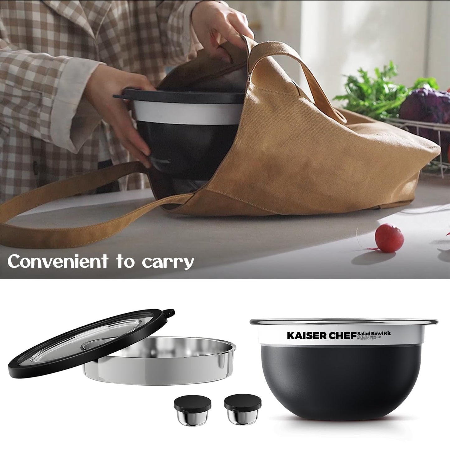 Salad Bowl Kit 74oz,Salad Container For Lunch,18/8 Stainless Steel,Salad Bowl With Lid, Includes 1.7oz Condiment Container and Removable Tray,Leak-Proof, Easy to Clean(Black)