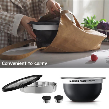 Salad Bowl Kit 74oz,Salad Container For Lunch,18/8 Stainless Steel,Salad Bowl With Lid, Includes 1.7oz Condiment Container and Removable Tray,Leak-Proof, Easy to Clean(Black)