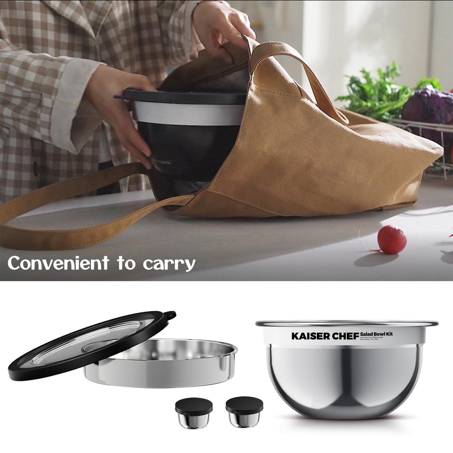 Salad Bowl Kit 74oz,Salad Container For Lunch,18/8 Stainless Steel,Salad Bowl With Lid, Includes 1.7oz Condiment Container and Removable Tray,Leak-Proof, Easy to Clean (Mirror)