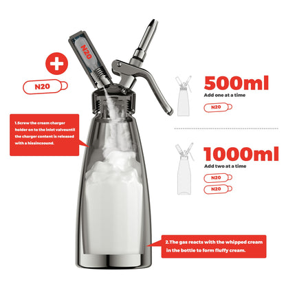 Whipped Cream Dispenser,Stainless Steel Bottle With Aluminum Head,1-Pint/500mL,Whip Cream Maker Canister with 3 Decorating Nozzles & Cleaning Brush - for Desserts, Coffee Foam & Cold Foam (500ml)
